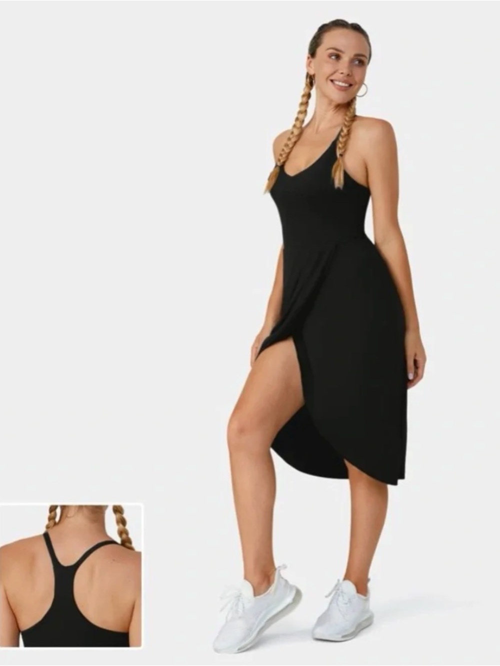 Halara Black Racerback Asymmetric Tulip Hem ruched midi dress no liner shorts